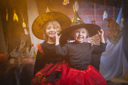 Cute little girls in costume for witch in the room decorated fot Halloween. Sisters posing during funny photo shootの写真素材