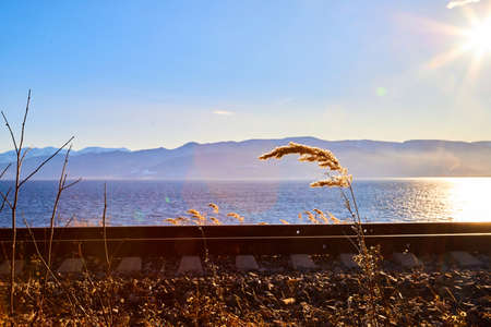 Circum Baikal railway running along the shore of Lake Baikal on an autumn sunny day with yellow landscape aroundの写真素材