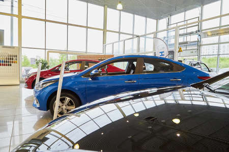 Murmansk, Russia - June 21, 2019: Cars in showroom of dealership Hyundai in Murmansk city in Russia