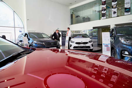 Kirov, Russia - March 07, 2019: Cars in showroom of dealership Kia in Kirov city in 2019