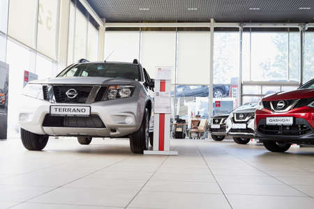 Vologda, Russia - June 18, 2019: Cars in showroom of dealership Nissan in Vologda city in Russiaのeditorial素材