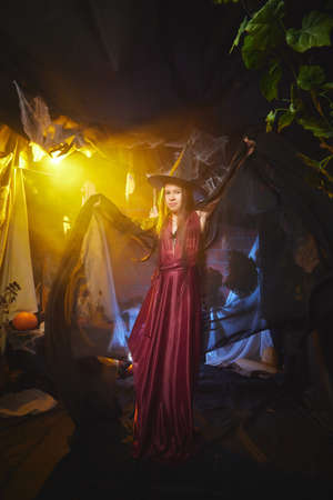 Young girl looking like witch having fun on Halloween in a dark room with yellow light and smoke. Teenager in Carnival and Halloween partyの写真素材