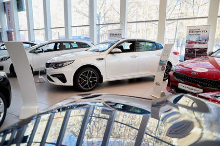 Kirov, Russia - March 07, 2019: Cars in showroom of dealership Kia in Kirov city in 2019