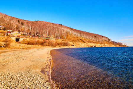 Beautiful natural view of the landscape with the shore with yellow grass, lake, and blue sky with white clouds on sunny autumn dayの写真素材