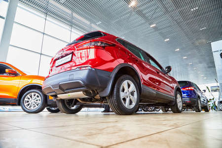 Kirov, Russia - May 07, 2019: Cars in showroom of dealership Nissan in Kirov in 2019