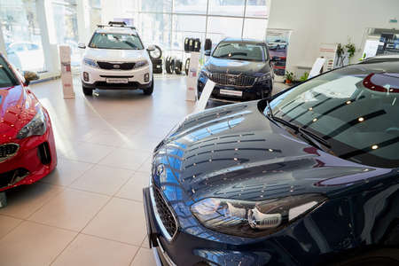 Kirov, Russia - March 07, 2019: Cars in showroom of dealership Kia in Kirov city in 2019