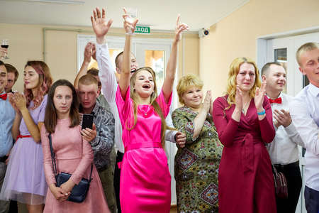 Kirov, Russia - June 20, 2020: Games at a traditional Russian wedding. People celebrate wedding and having fun togetherのeditorial素材