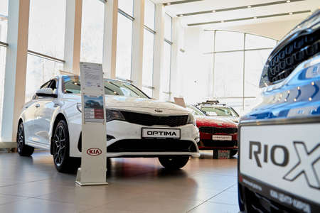 Kirov, Russia - March 07, 2019: Cars in showroom of dealership Kia in Kirov city in 2019のeditorial素材