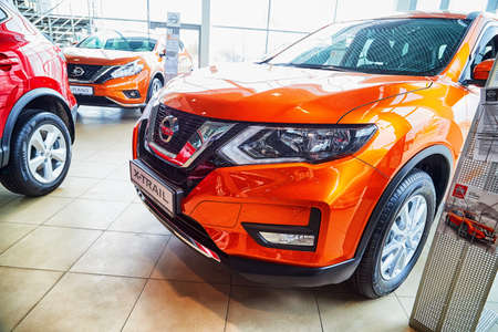 Kirov, Russia - May 07, 2019: Cars in showroom of dealership Nissan in Kirov in 2019のeditorial素材