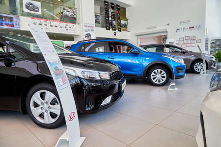Kirov, Russia - March 07, 2019: Cars in showroom of dealership Kia in Kirov city in 2019
