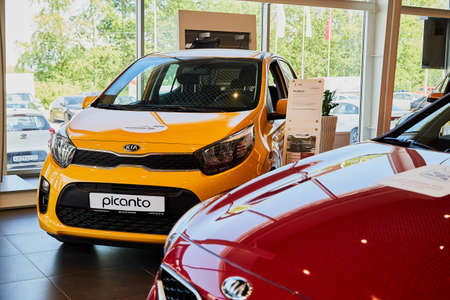 Vologda, Russia - June 18, 2019: Cars in showroom of dealership KIA in Vologda city in Russia