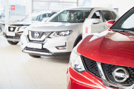 Vologda, Russia - June 18, 2019: Cars in showroom of dealership Nissan in Vologda city in Russiaのeditorial素材