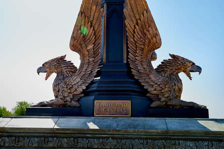 Kirov, Russia - May 18, 2021: Sculpture of beautiful formidable bird guarding the territory....