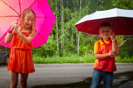 Children walk in the park with umbrella. Boy and girl having fun together. Brother and sister rest and walk on natureの写真素材