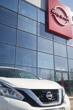 Kirov, Russia - April 12, 2022: Entrance in showroom with cars of dealership Nissan in city Kirovのeditorial素材