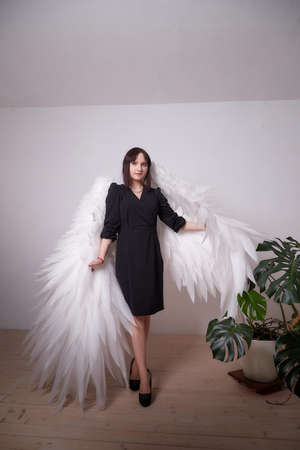 Young elegant woman in trendy black clothes with white wings. Brunette model in nice dark dress posing in studio in fashion lookbook as angel. Alone girl in the room witn flower on white backgroundの写真素材
