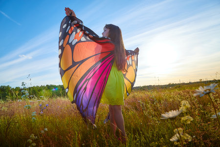 Beautiful little girl in yellow dress and in colorful bright butterfly wings in the field with green grass, yellow flowers and blue sky in a sunny summer or spring dayの写真素材