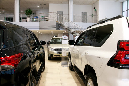 Kazan, Russia - November 25, 2022: Cars in showroom of dealership Toyota in Kazan in Russia