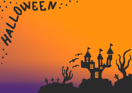 Halloween background on purple and orange color with gradient and dark black castle. Frame or pattern with Copy space for holiday Helloweenの写真素材