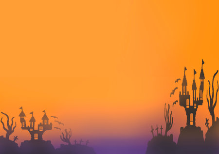Halloween background on purple and orange colour with gradient and dark black castle. Frame or pattern with Copy space for holiday Helloweenの写真素材