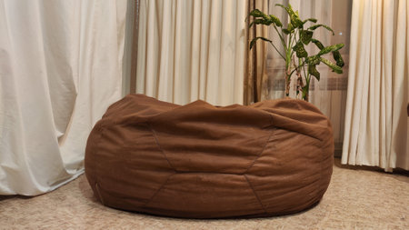 Brown Bean bag, big flower and white curtain window in living room. Background and location for photo shoot in a studioの写真素材