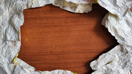 Pieces of crumpled silver foil sheets. Close up. Frame and Abstract background and textureの写真素材