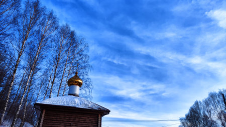 The dome of the Orthodox church with a cross, bare tree branches and blue sky with white clouds on a background in spring dayの写真素材