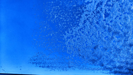 Crystals of snow and ice on the glass and blue sky in background. Abstract frame, texture and background. winter cold conceptの写真素材