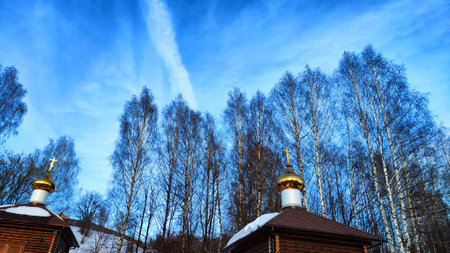 The dome of the Orthodox church with a cross, bare tree branches and blue sky with white clouds on a background in spring dayの写真素材