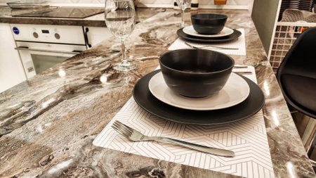 Empty plates and mugs on table. beautiful table setting. top view and backgroundの写真素材