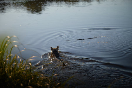 Dog German Shepherd and water of a river or lake in summer day. Russian eastern European dog veo outdoorsの写真素材