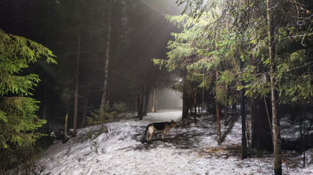 Night forest or park with dark trees, the light of lanterns and fog in the dark in winter with snow. Mysterious, romantic landscape with tree trunks and fir trees in snow with smogの写真素材