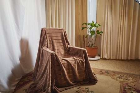 Living room with armchair, window, fabric curtains, home flower dieffenbachia and gentle light and lighting. Loft style interior. background and location for photoshootの写真素材