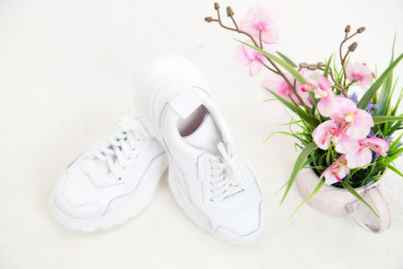 White women sneakers in the studio on white background. Fashion shooting for catalog or store indoorsの写真素材