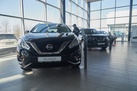 Kirov, Russia - April 12, 2022: Cars in showroom of dealership Nissan in Kazan in Russia. Partial focusのeditorial素材