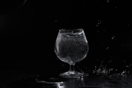 Poured fresh water in glass on mirror background. Glass cup with water and bubbles on black backgroundの写真素材