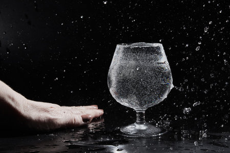 Fingers of hand of a woman touching water or mineral water in a wine glass on black background