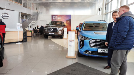 Cheboksary, Russia - March 20, 2023: Cars in showroom of dealership Chinese Car Manufacturer Haval. sales salonのeditorial素材