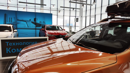 Cheboksary, Russia - March 20, 2023: Cars in showroom of dealership Renault