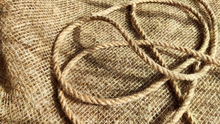 Burlap fabric, coarse jute weave and thick burlap rope. Background, texture, pattern, and frame.の写真素材