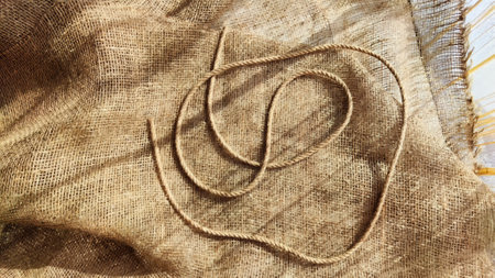 Burlap fabric, coarse jute weave and thick burlap rope. Background, texture, pattern, and frame.