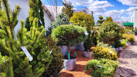 Kirov, Russia - April 23, 2023: Garden centre, plant nursery. Shopping center for the sale of plants, trees, flowers for garden. early spring or summer dayのeditorial素材