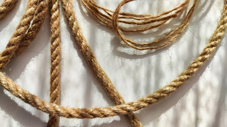 Jute twisted rope lying on a white surface with shadows from the sun. Abstract background, texture,...