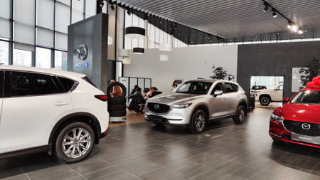 Cheboksary, Russia - March 20, 2023: Cars in showroom of dealership Mazda