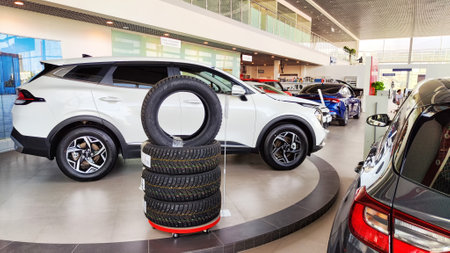 Cheboksary, Russia - April 05, 2023: Cars in showroom of dealership KIA. Re-export to Russiaのeditorial素材