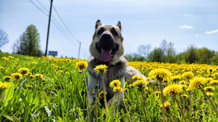 Dog German Shepherd in nature landscape with yellow dandelion flowers. Russian eastern European dog,...
