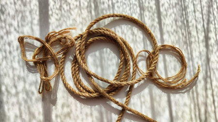 Jute twisted rope lying on a white surface with shadows from the sun. Abstract background, texture,...