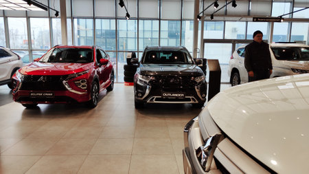 Cheboksary, Russia - March 20, 2023: Cars in showroom of dealership Mitsubishi