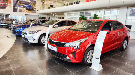 Kazan, Russia - April 04, 2023: Cars in showroom of dealership KIA. Re-export to Russiaのeditorial素材