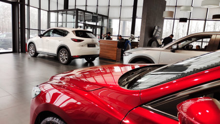 Cheboksary, Russia - March 20, 2023: Cars in showroom of dealership Mazdaのeditorial素材